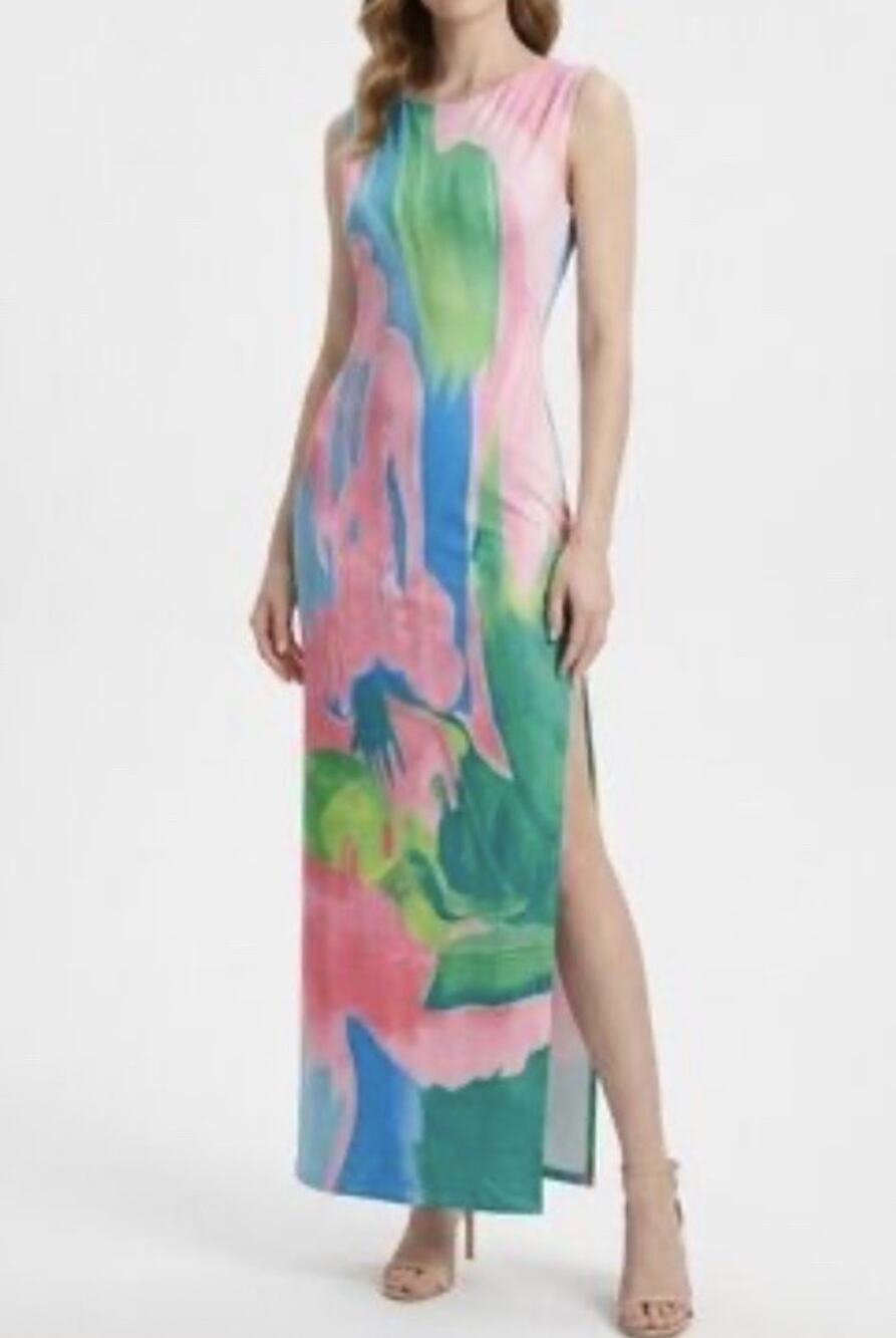 Commense Monet Garden Print Maxi Dress Size XS Pink Blue Green Open Back Slit